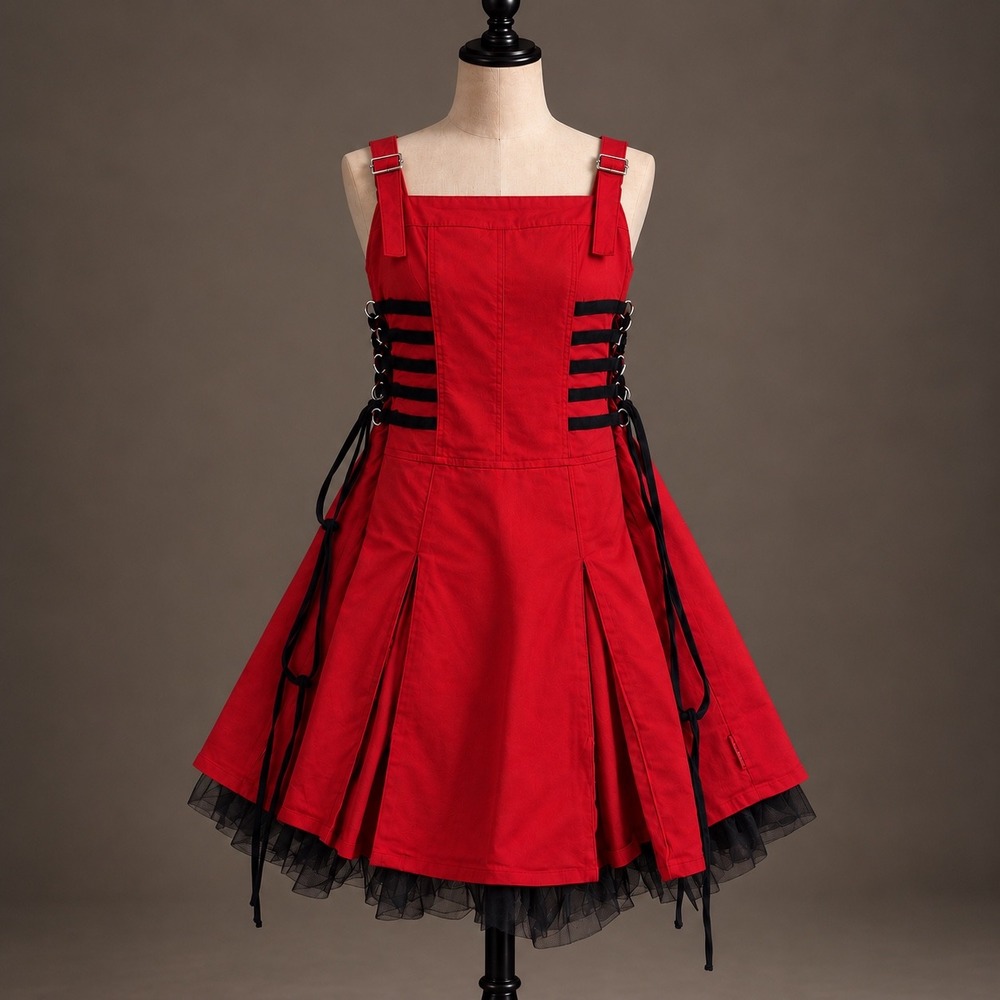 Vtg Tripp NYC Dress XL Red Corset Lace Up Goth Punk Daang Goodman Skull Dark